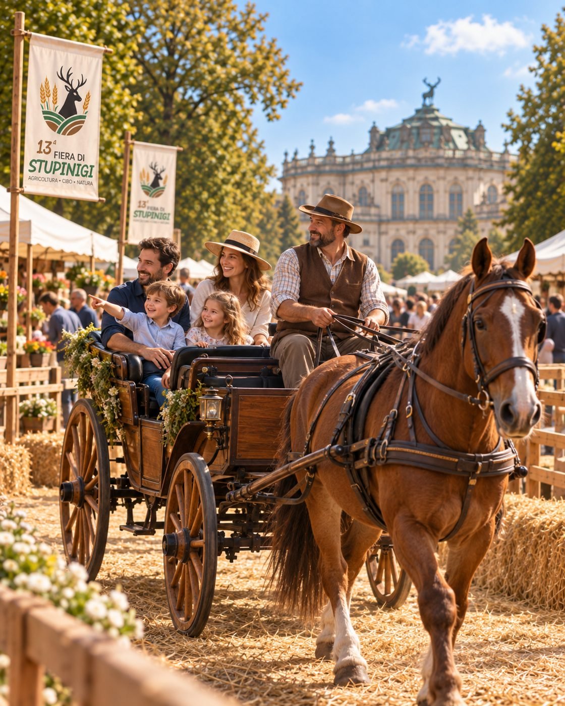 Famiglia durante il giro in carrozza alla Fiera di Stupinigi
