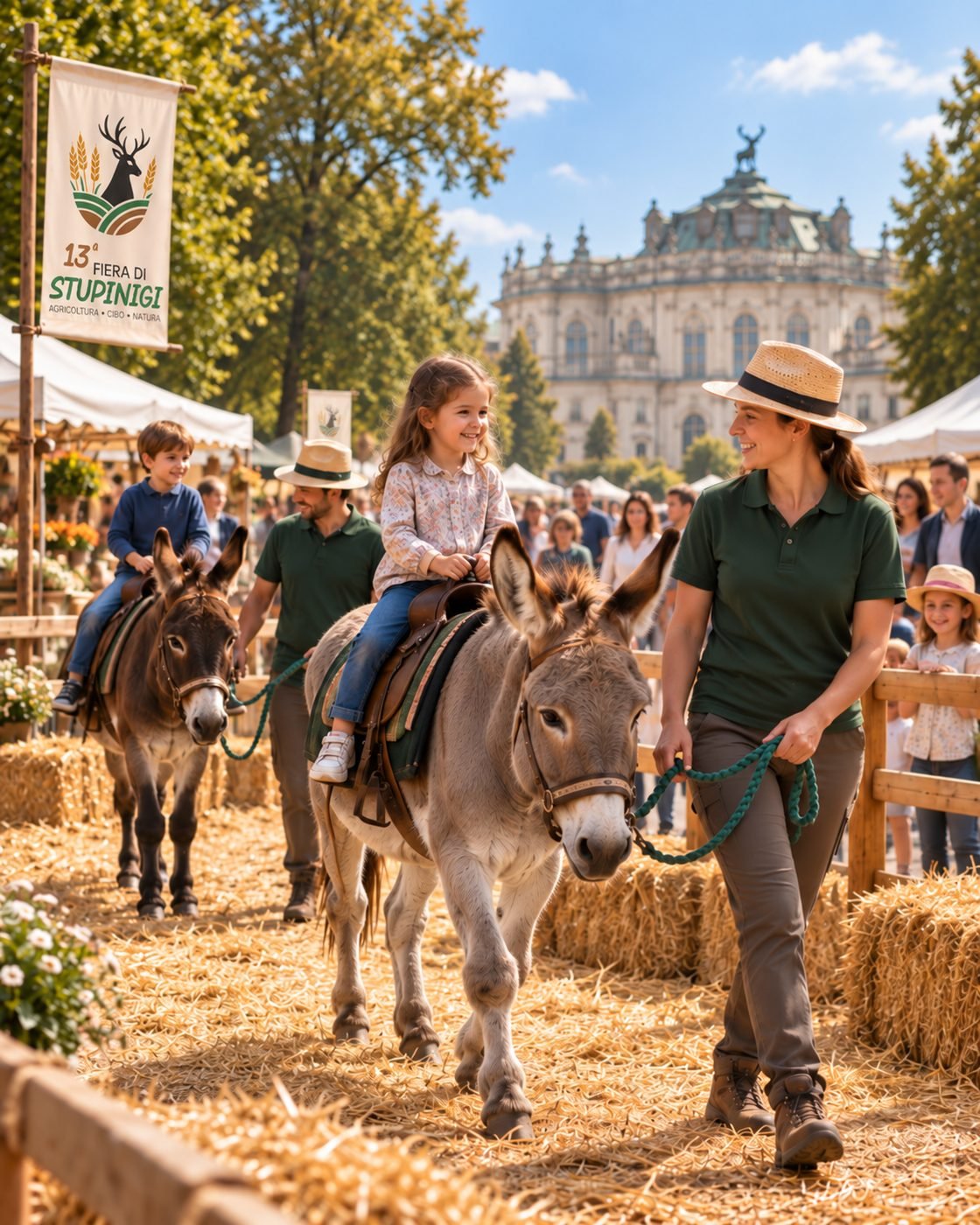 Bambini durante il giro sugli asini alla Fiera di Stupinigi