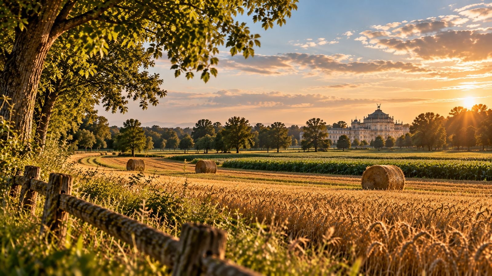 Paesaggio agricolo di Stupinigi con campi e Palazzina di Caccia
